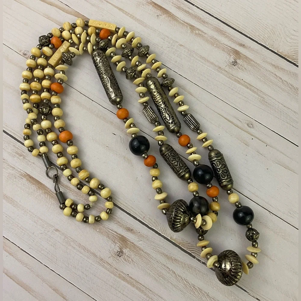 Vintage Chunky Metal Beaded Boho Double Strand Necklace Tadpole Floral Beads